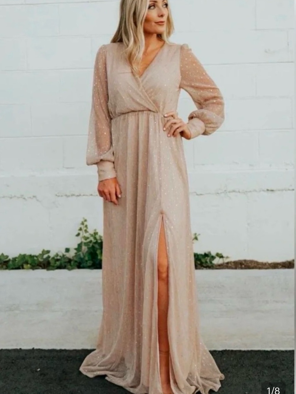 NWT Baltic Born Champagne Beige V-Neck Maxi Dress with Front Slit